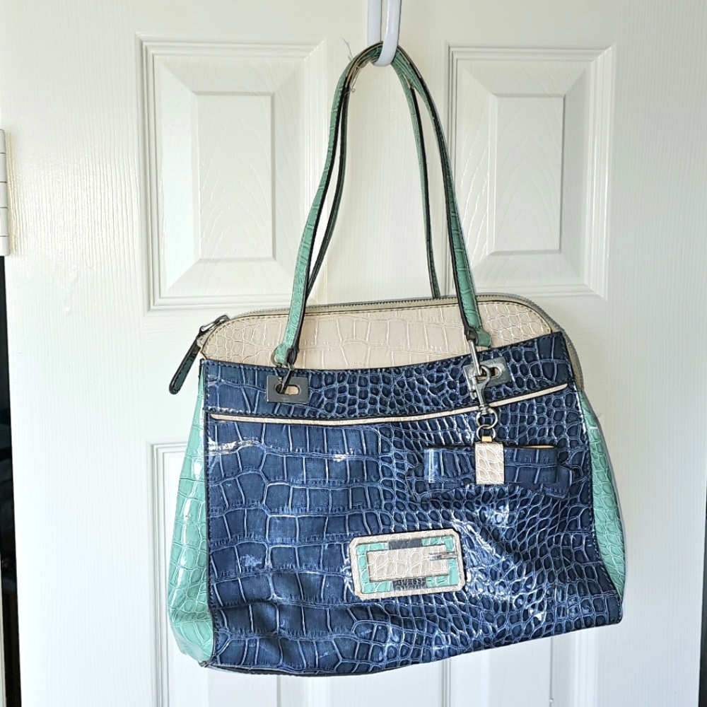 Guess Blue, Teal and Cream Crocodile-Embossed Women's Bag